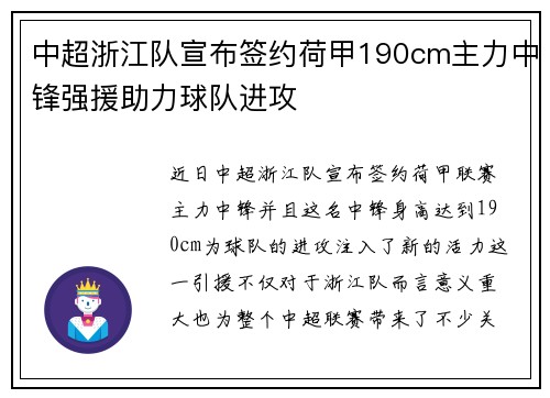 中超浙江队宣布签约荷甲190cm主力中锋强援助力球队进攻